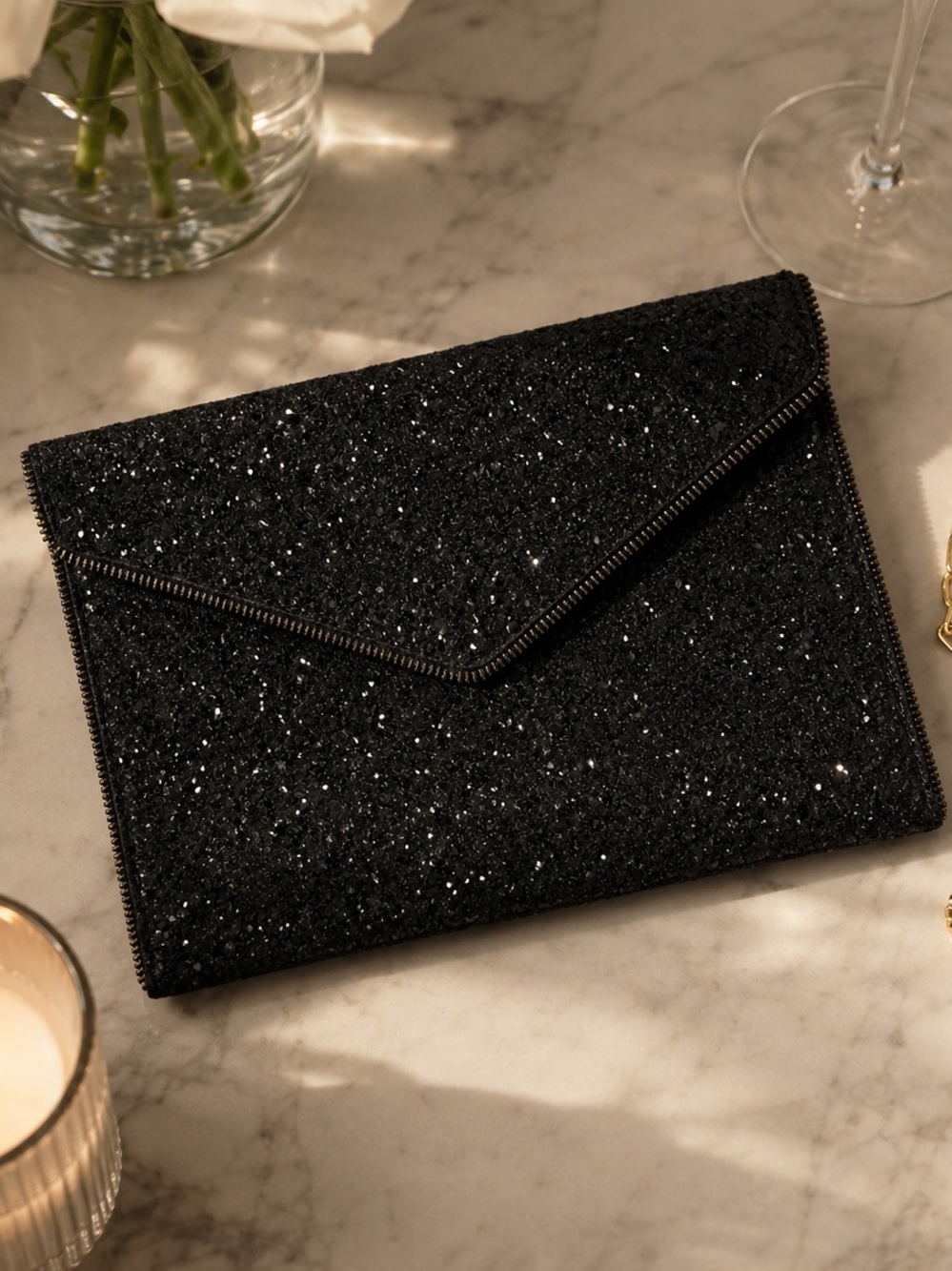 Rebecca Minkoff Black Glitter Envelope Zipper Clutch Evening Bag